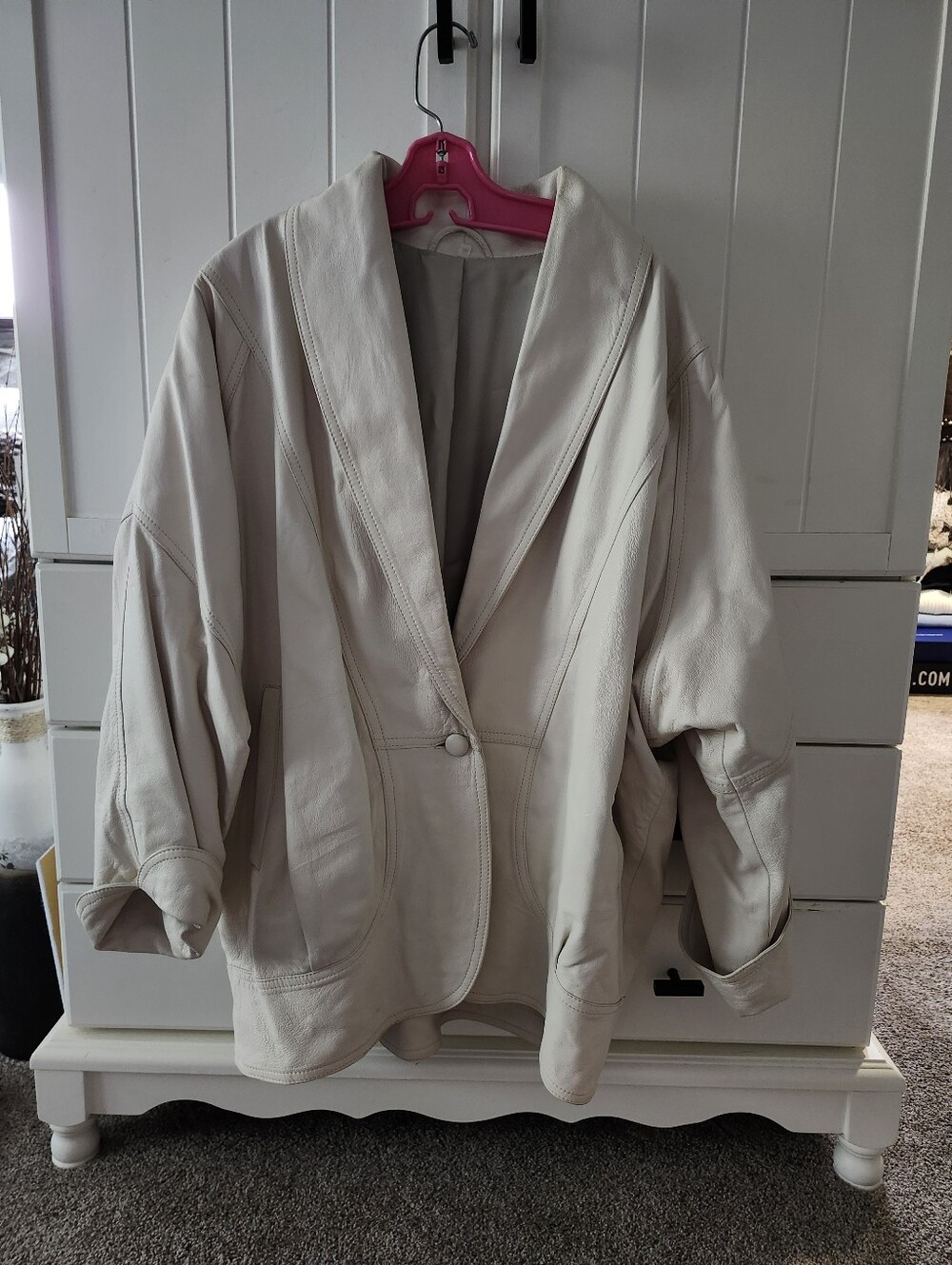 Vintage Cream Women's Oversized Soft Leather Single-Button Jacket Sz M/L